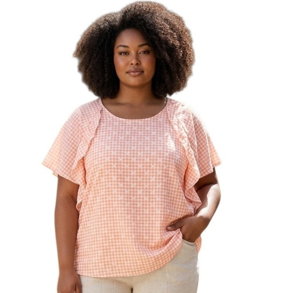 NWT‎ Foxcroft Women's Size 14 Angela Raglan Sleeve Gingham Clip Dot Summer Top